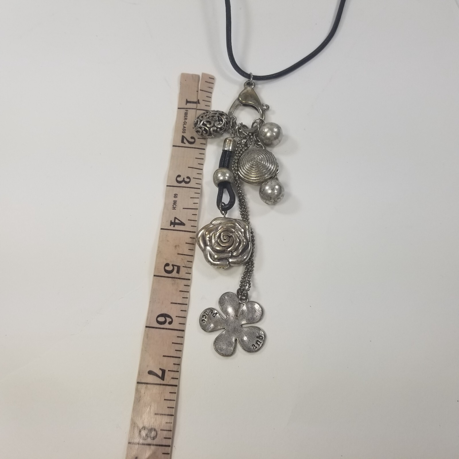 Flower Dangle Ornate Pendant Charms Necklace Silver Tone Black Cord 32-34″
