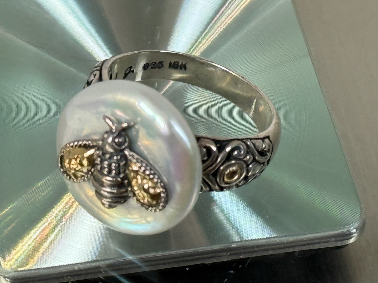 Artisan Silver 18K Gold Accented Cultured Pearl Bee Samuel B. collection, Ring 7