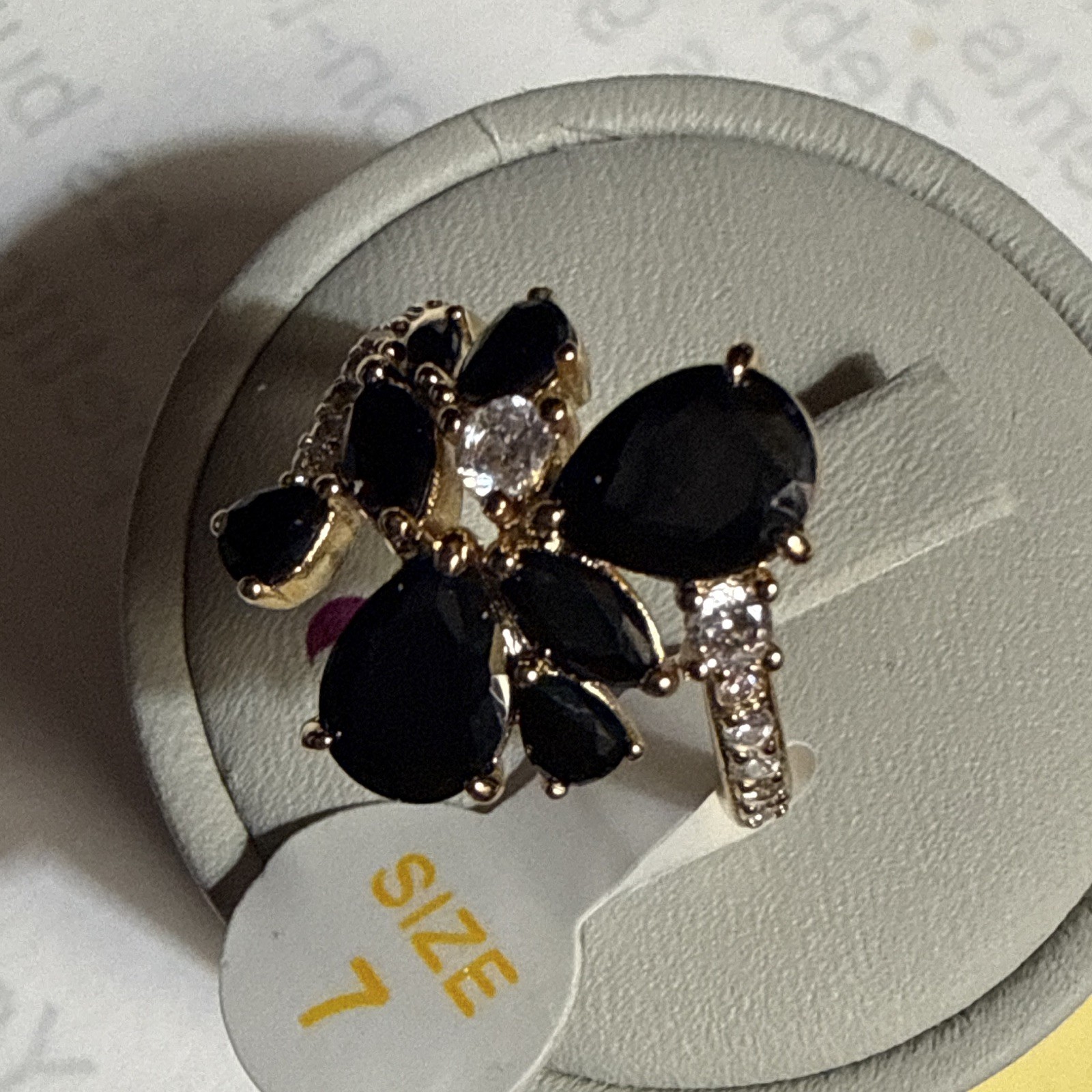 Threaded In Thought Gold Plated Black Onyx CZ Floral Cocktail Ring Sz 7 RG98945