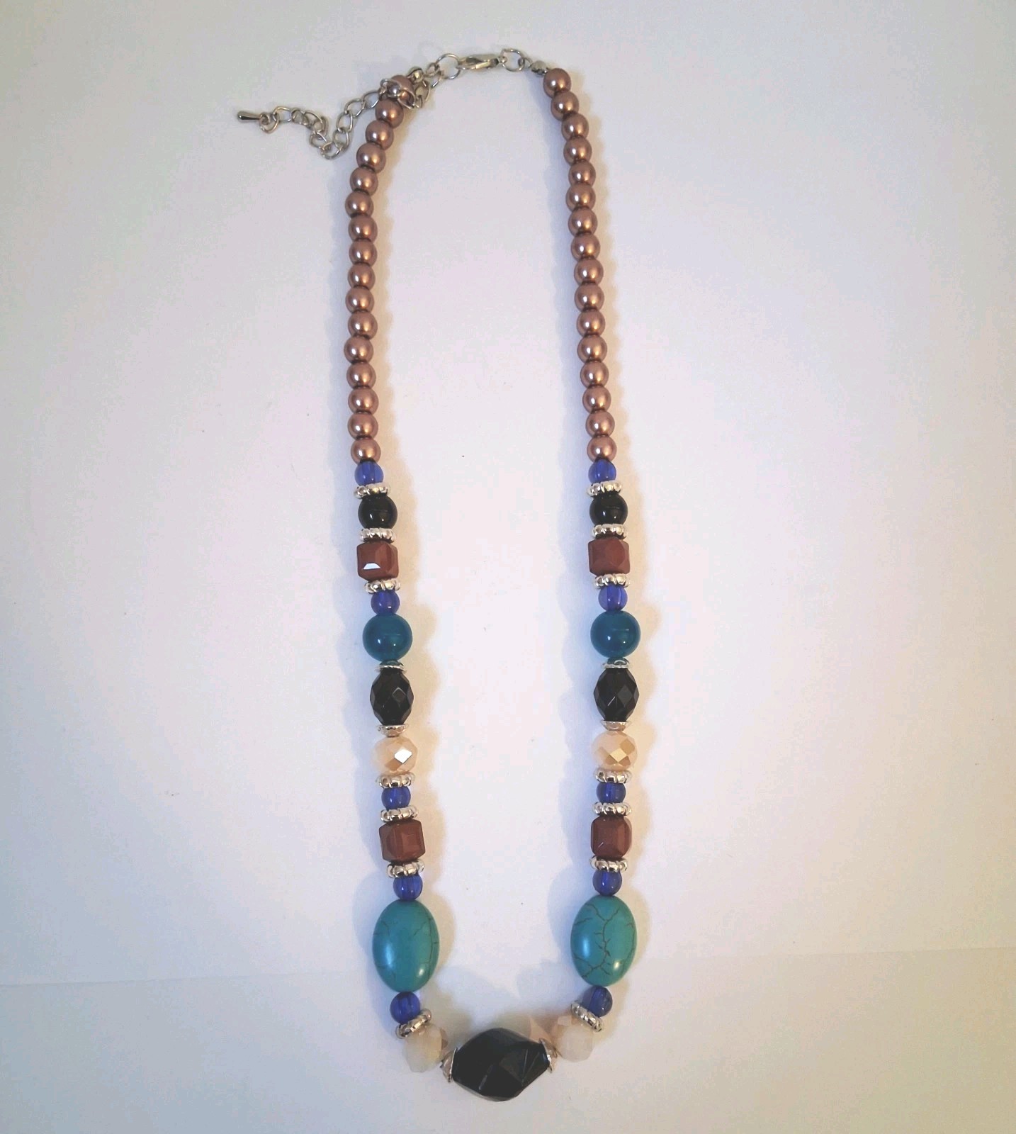 Multi Colored Beaded Necklace Turquoise Brown Blue Silver Tone Southwest