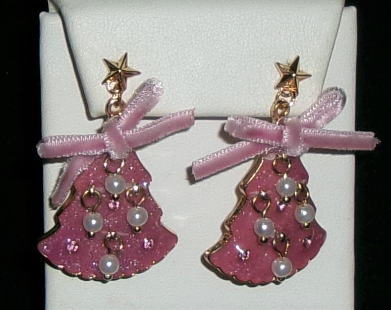 Pink Christmas Tree Earrings Pink Glittery Enamel Faux Pearls Stones NEW