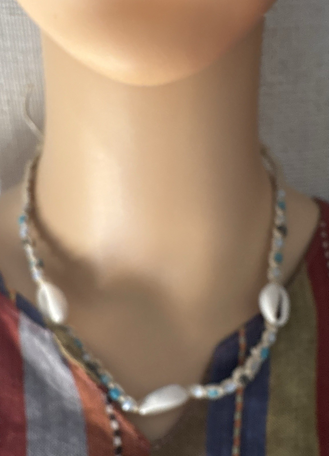 Cowrie Shell Choker Necklace Blue Beaded Cord Beach Boho Adjustable Tie 17 in