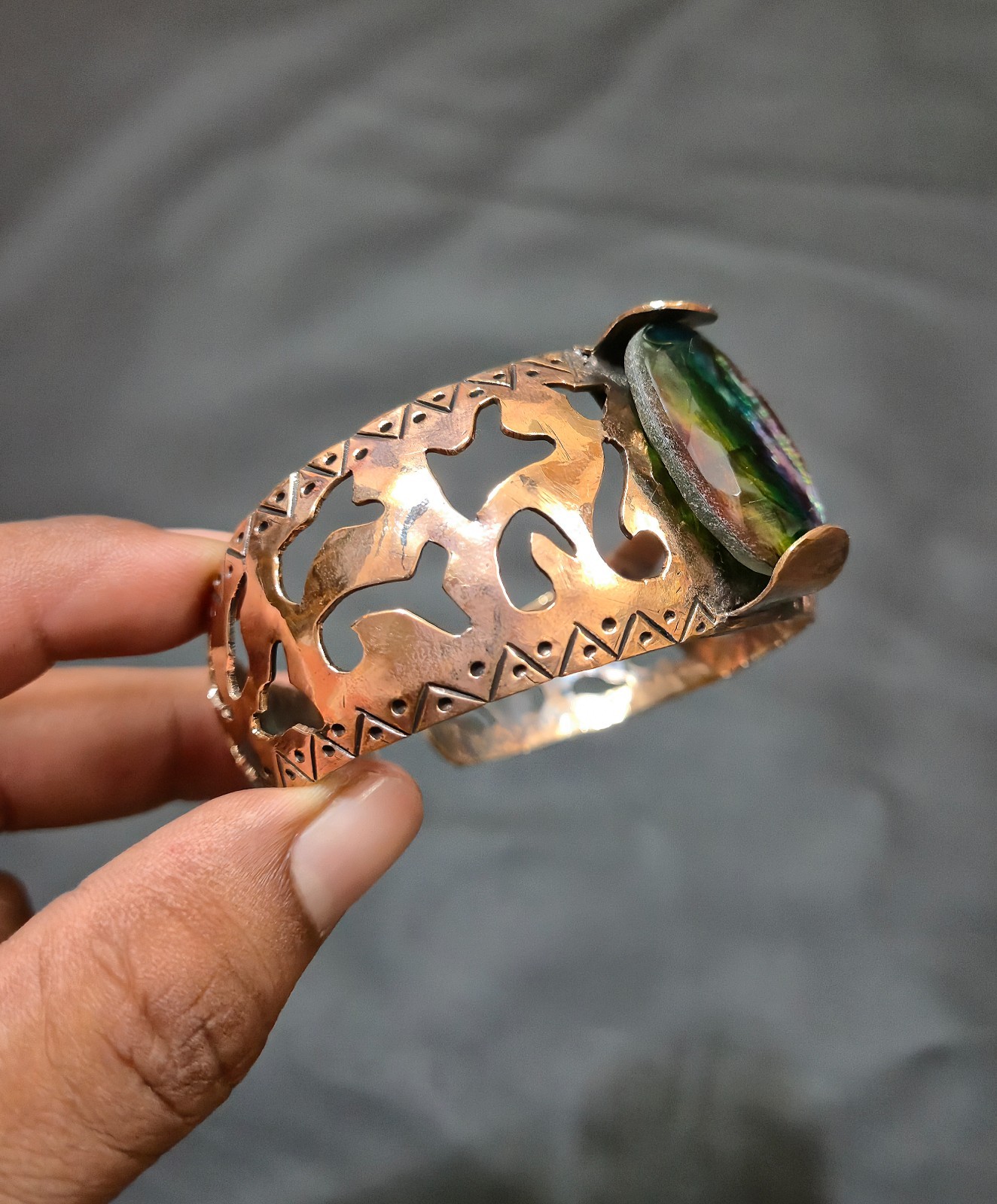 Faceted Ammolite Gemstone Wire Wrapped Bangle Adjustable Cuff Handmade Jewelry