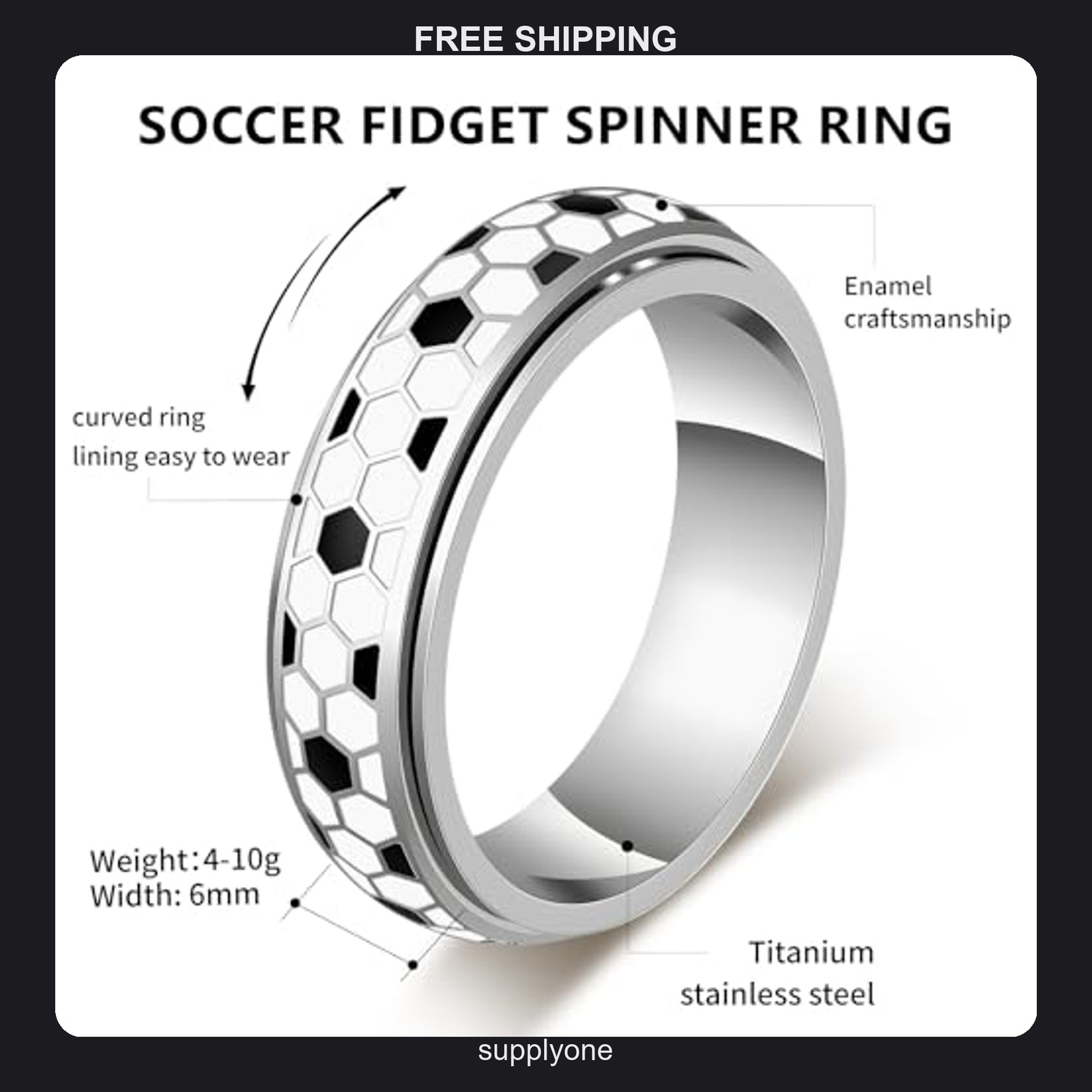 Stainless Steel Soccer Spinner Fidget Ring Size 7 Silver Sports Jewelry