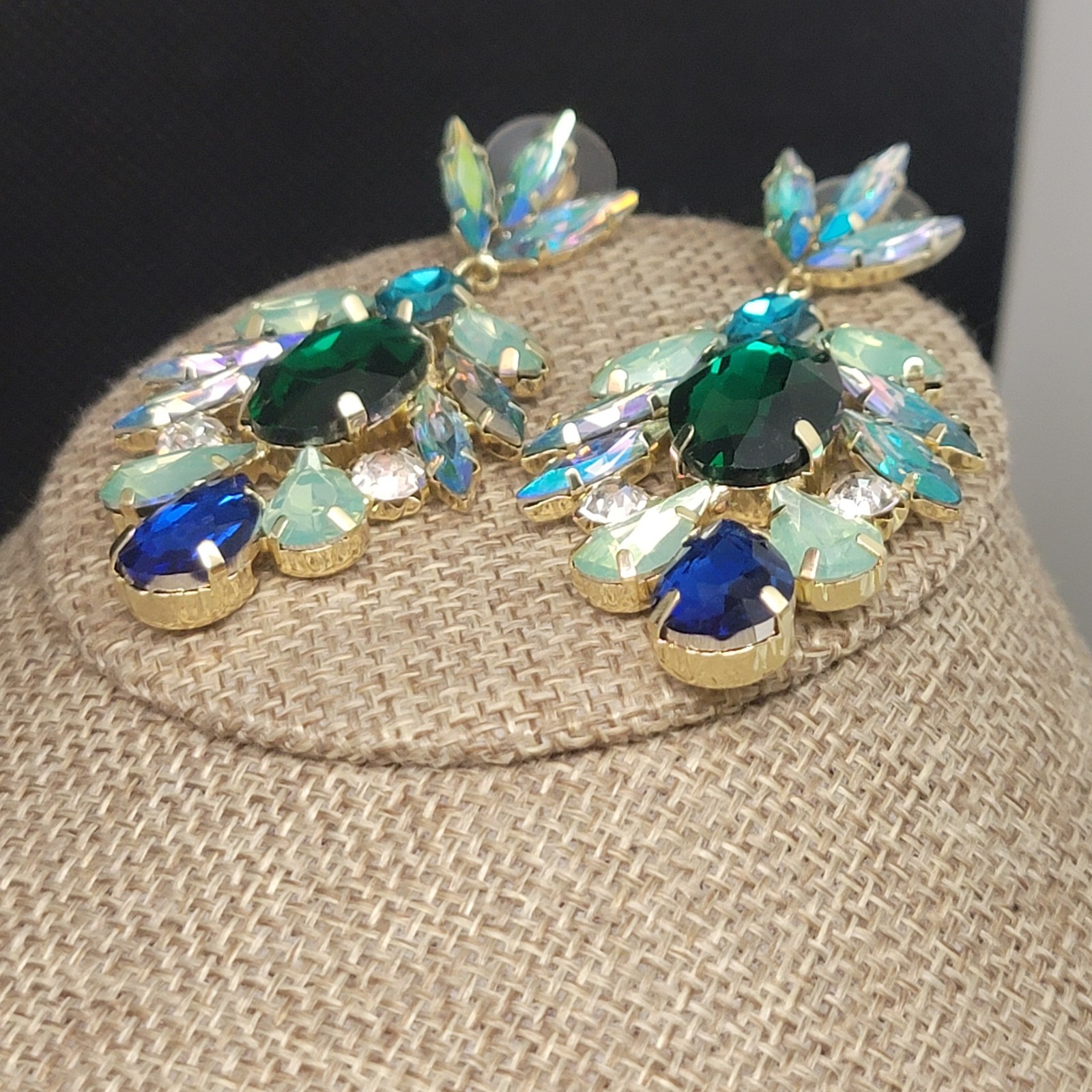 Pierced Dangle Drop Earrings Green Blue Rhinestone Gold Tone Floral