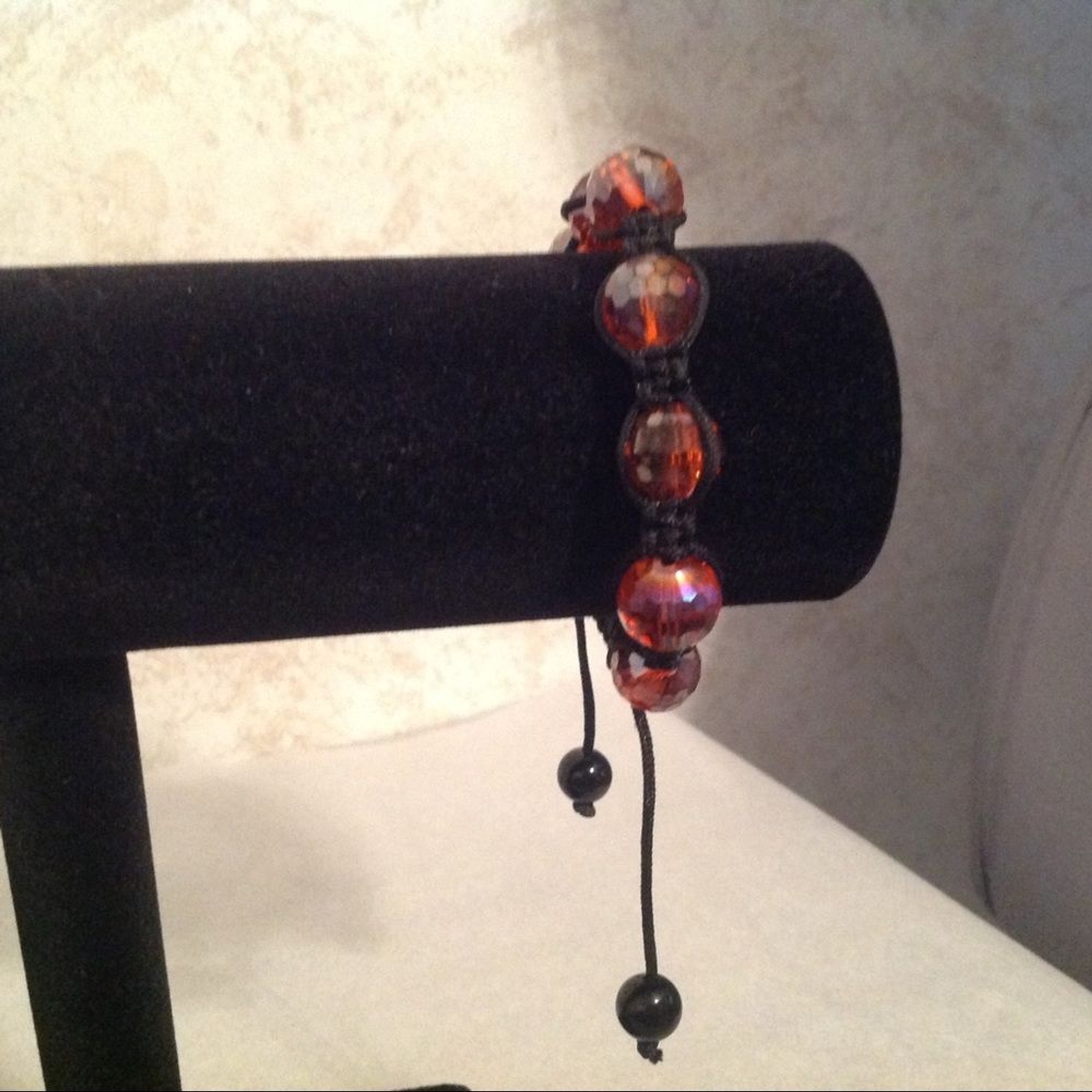 Black Corded Adjustable Pink Tinted Beads Bracelet