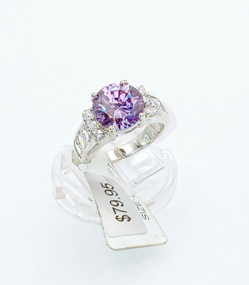 Simulated Tanzanite & Baguette Rodium Plated .925 Sterling Silver Ring … R22