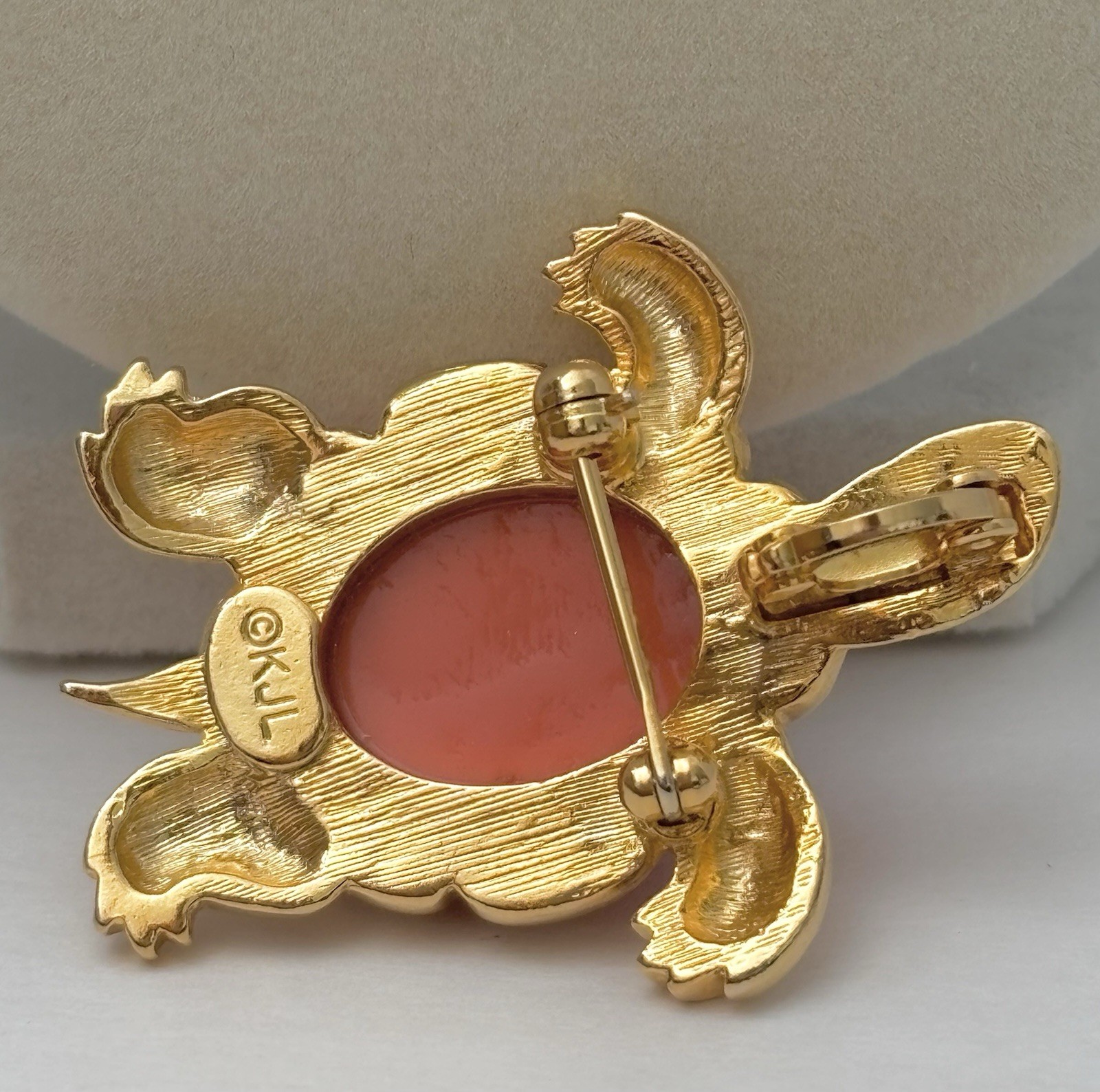 Vtg Kenneth Jay Lane Simulated Coral Cabochon Tortoise Brooch Pendant (No Chain)