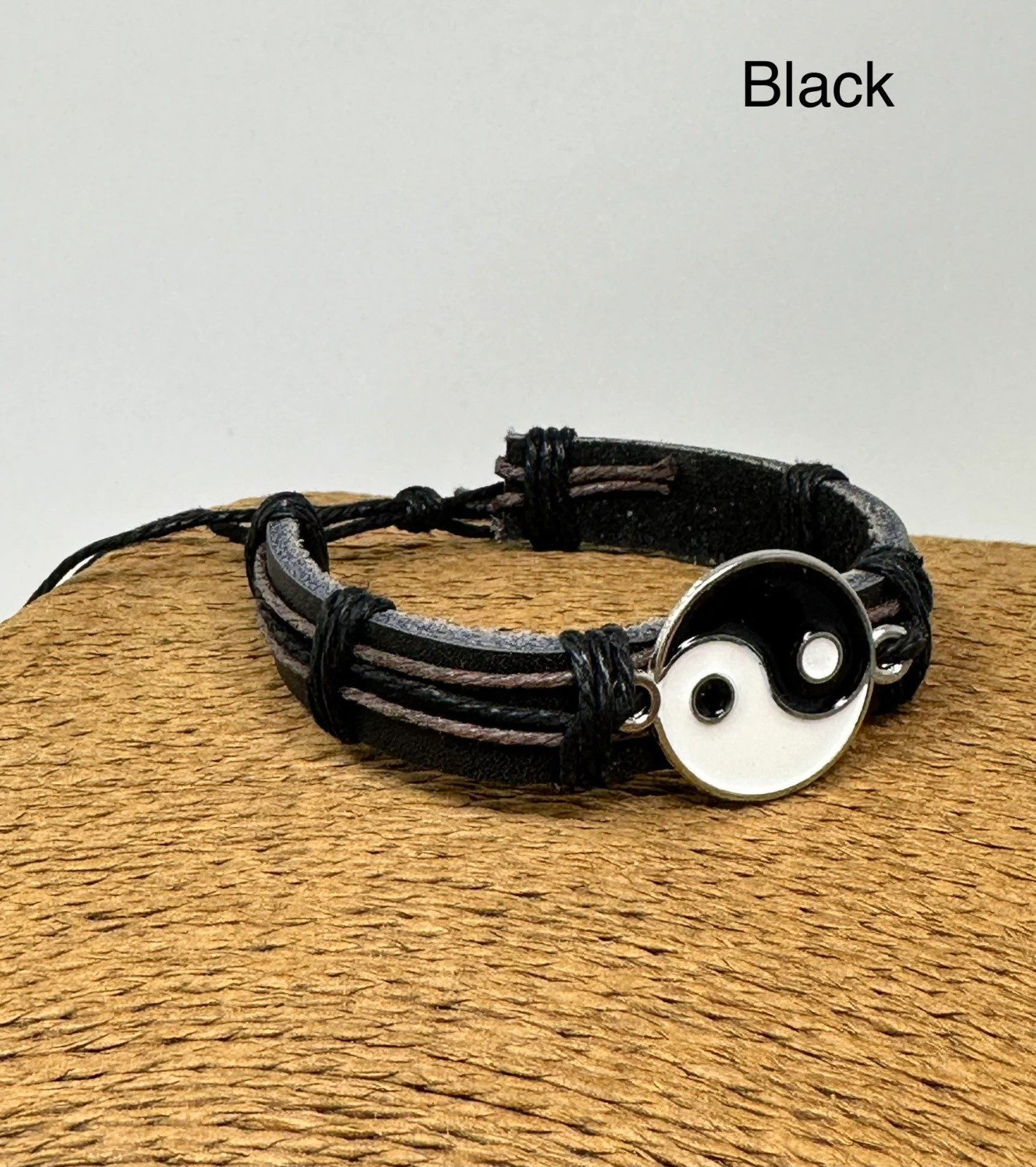 Yin Yang Leather Bracelet Adjustable Unisex Handmade Balance Symbol 6-10in