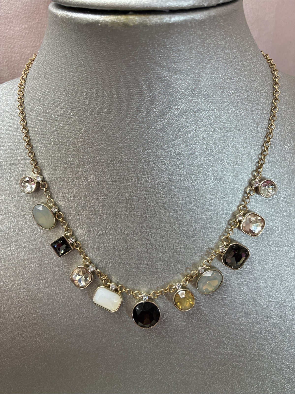 New Gold Tone & Multicolor Glass Rhinestone Necklace 18”+ Very Good Condition