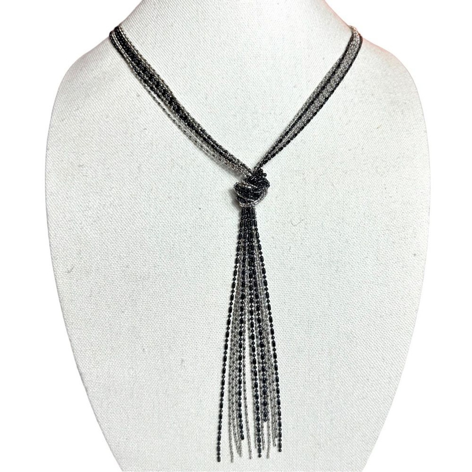Silver and Black Two-Tone Multi-Strand Knotted Y-Necklace – NWT