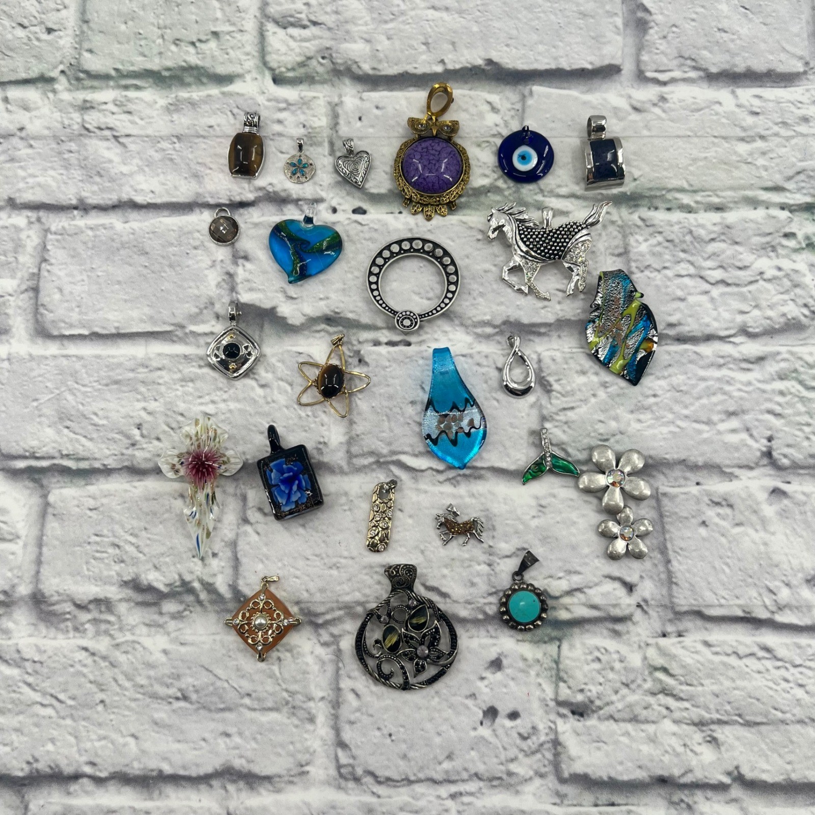 Assorted 24pc Necklace Pendant Lot Glass Crystal Turquoise Owl Evil Eye Horse