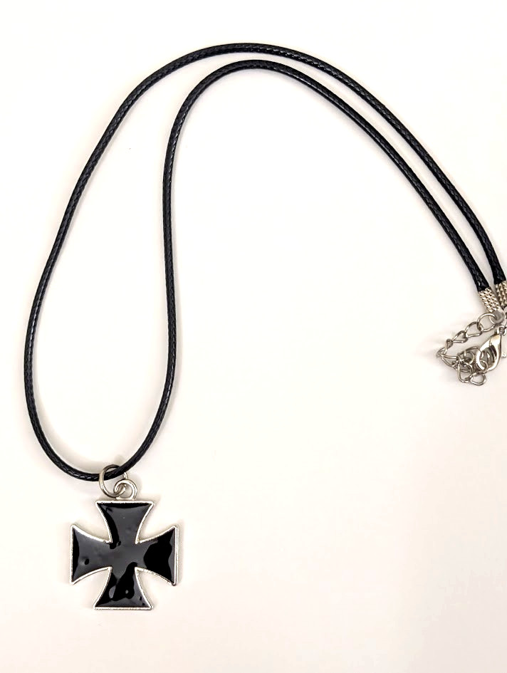 New MALTESE CROSS IRON CROSS BLACK INLAY PEWTER PENDANT CORD NECKLACE