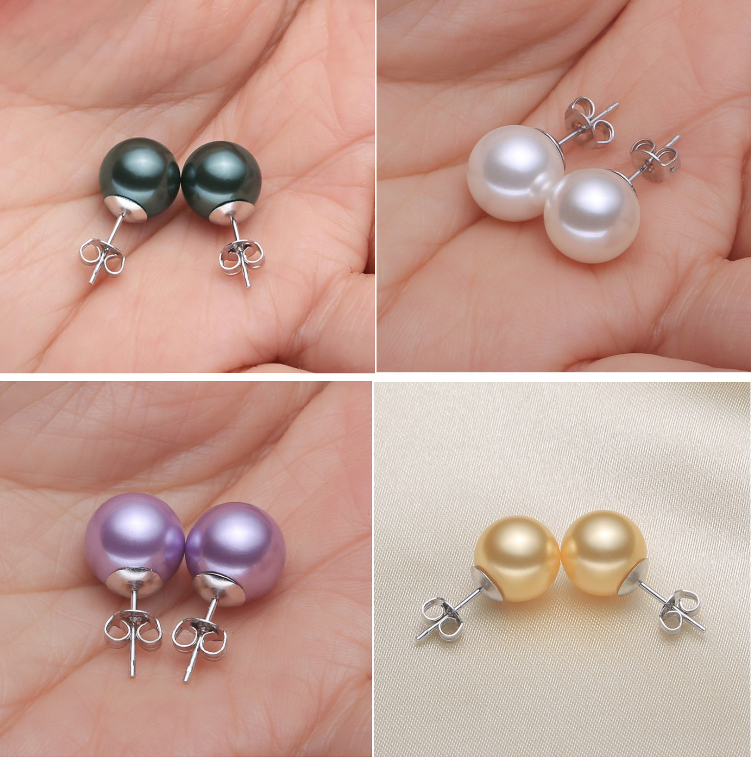 6/8/10/12mm Natural South Sea Shell Pearl Stud Earrings 925 Sterling Silver Set