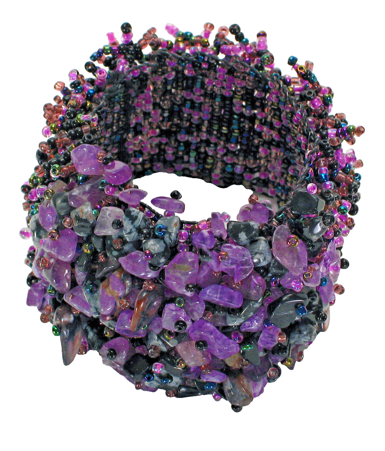 Boho Glass beads bracelet violet purple color handcrafted 1 1/2 Inches Wide
