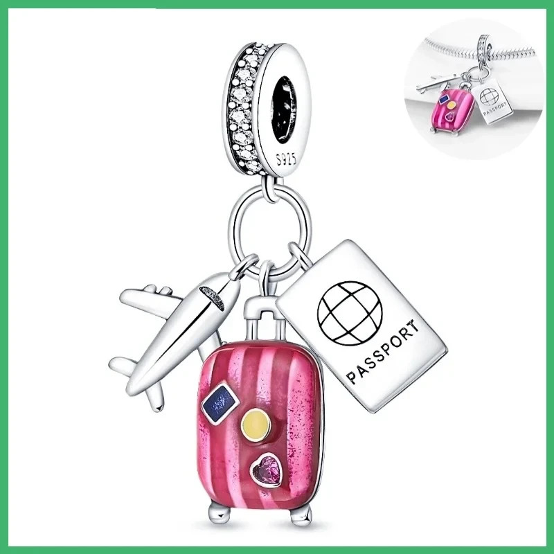 TRAVEL SUITECASE AIRPLANE CZ 925 STERLING SILVER BRACELET CHARM PENDANT & POUCH!