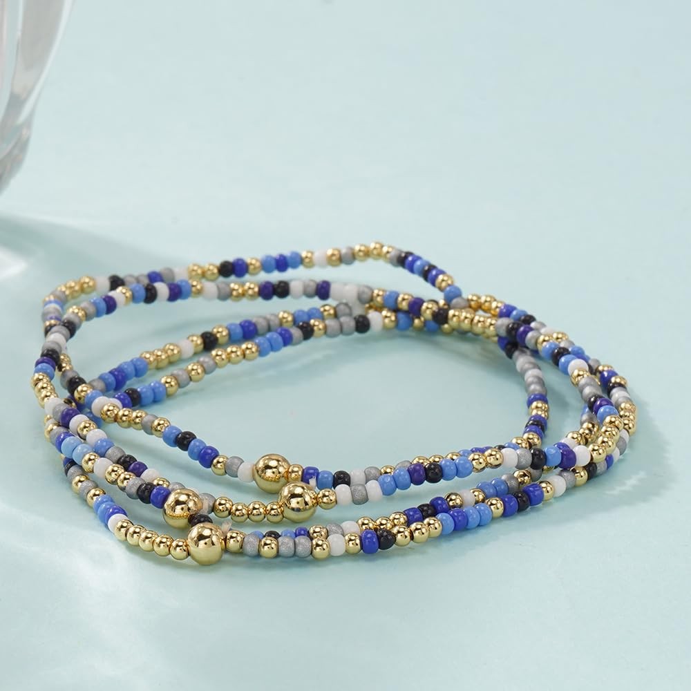 Royal Blue Seed Beaded Stack Bracelets Set for Women,Small Boho 4Pcs Colorful…
