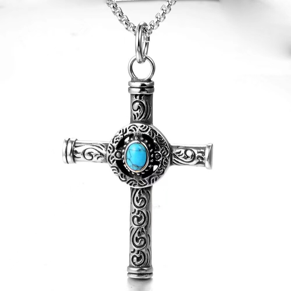 Vintage Turquoise Celtic Cross Pendant Necklace Religious Jewelry For Men Women