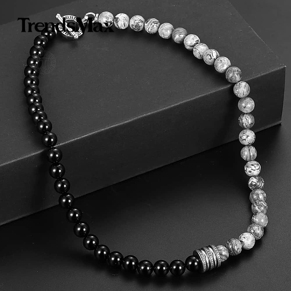 8mm 20″ Natural Grey Jasper Map Stone Black Glass Beaded Necklace Choker Gift