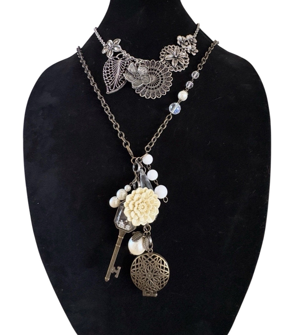 Plunder Statement Charm Necklace Key Locket Flower Faux Pearl + Floral Choker