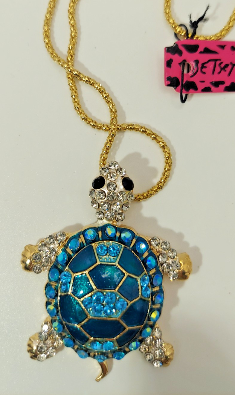 Brilliant 3D Jewel TURTLE Blue Rhinestone Betsey Johnson Tortoise Necklace-Gift
