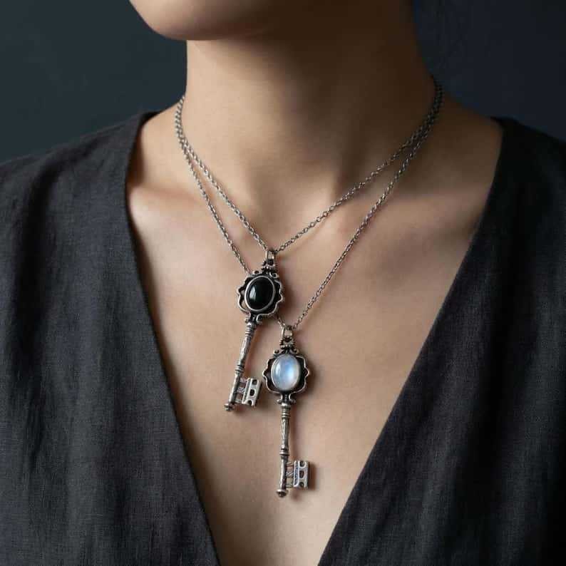 Vintage Moonstone Key Necklace Symbolic Wisdom Pendant Guardian Jewelry For Her