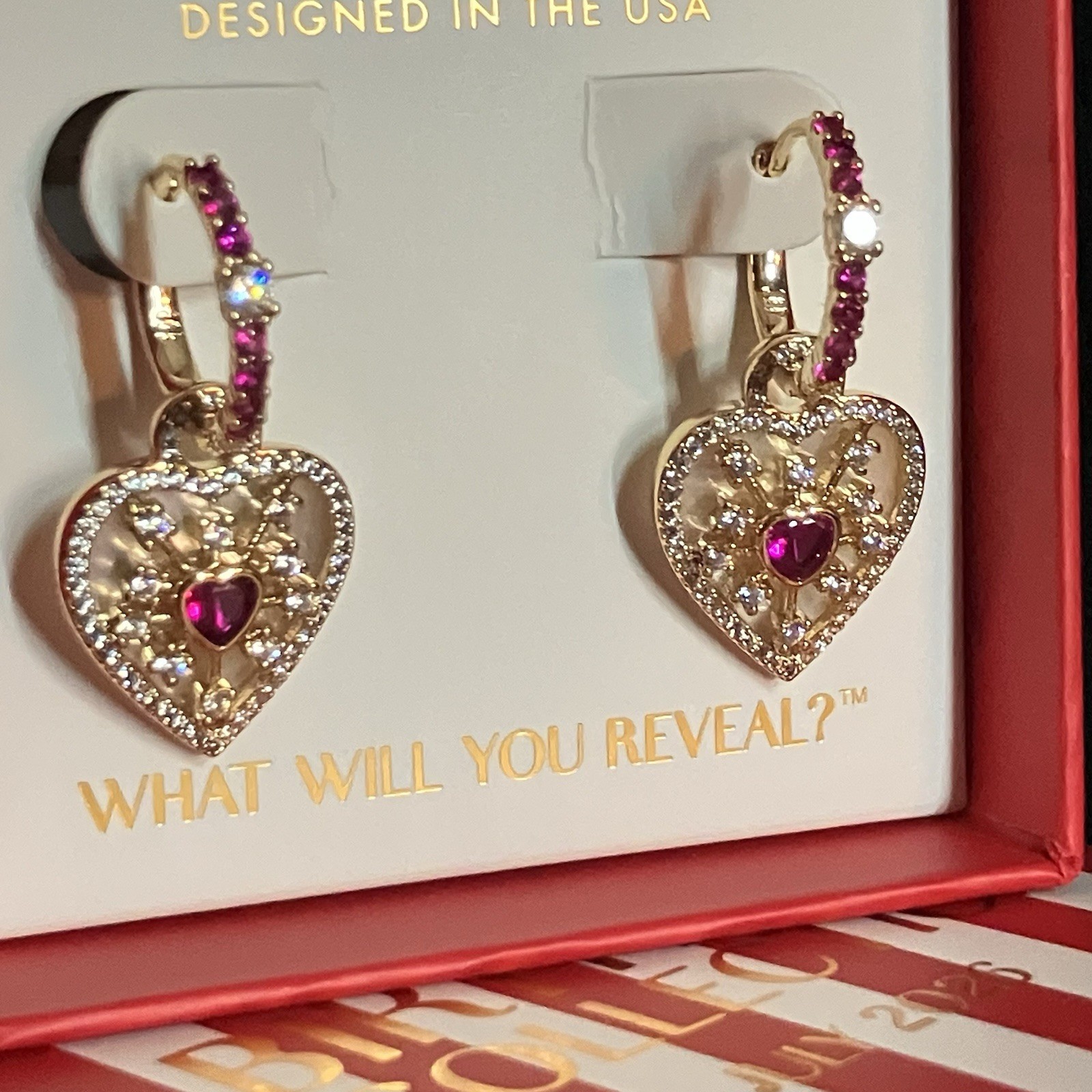 Bomb Party Pink Ruby “Hearts On Fire” Removable Charm Hoop Earrings ER84092 Gold