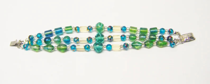 Colorful 3 Strands Green Tone Multi Shapes/Sizes Glass Bead Neck/Brace/Earrings