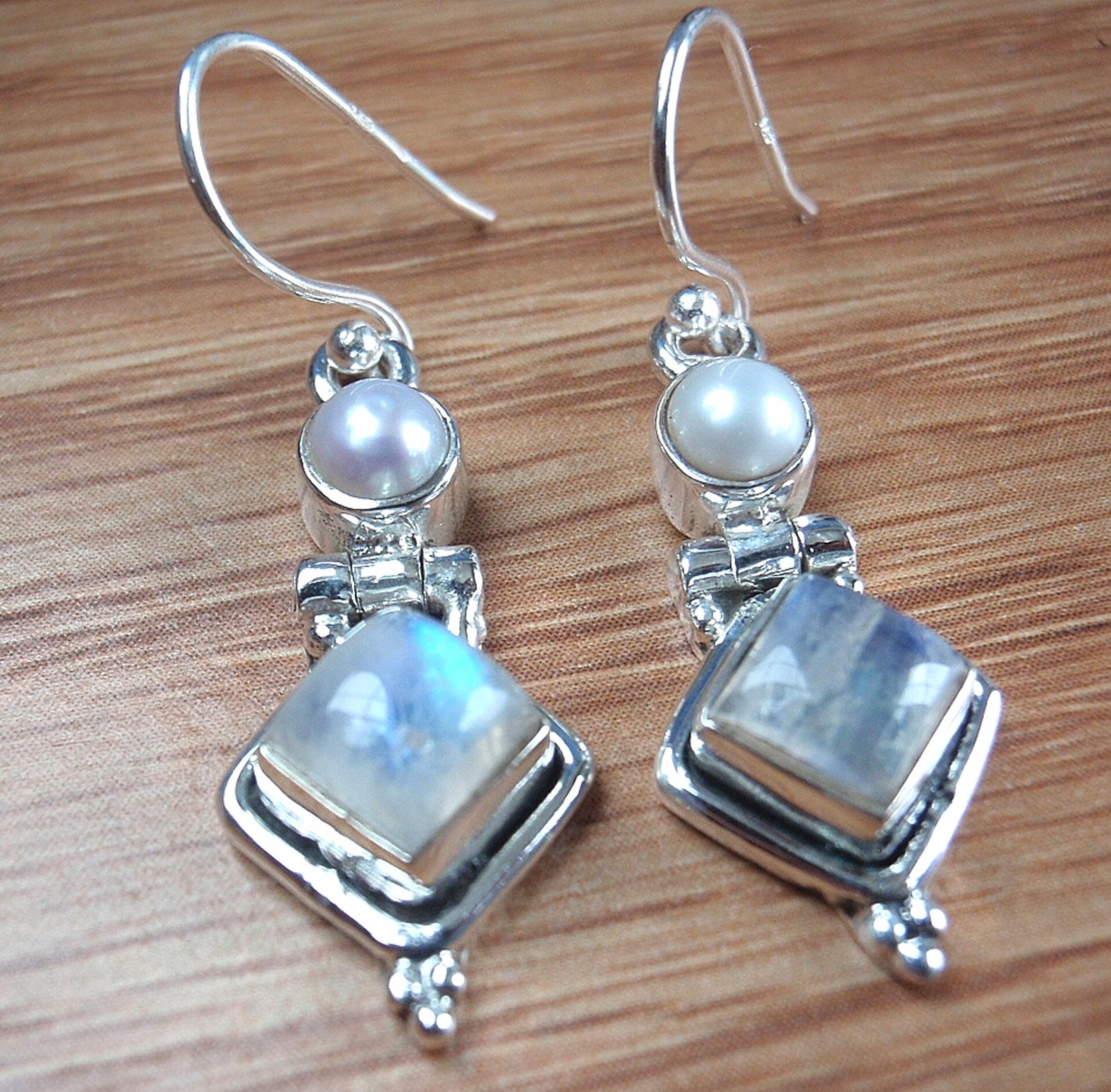 Moonstone Square and Cultured Pearl 925 Sterling Silver Dangle Earrings