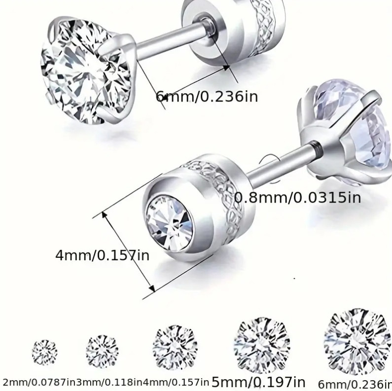 PAIR Prong Set CZ Stud Earrings with Gem Centered Screw Back Surgical Steel PE30