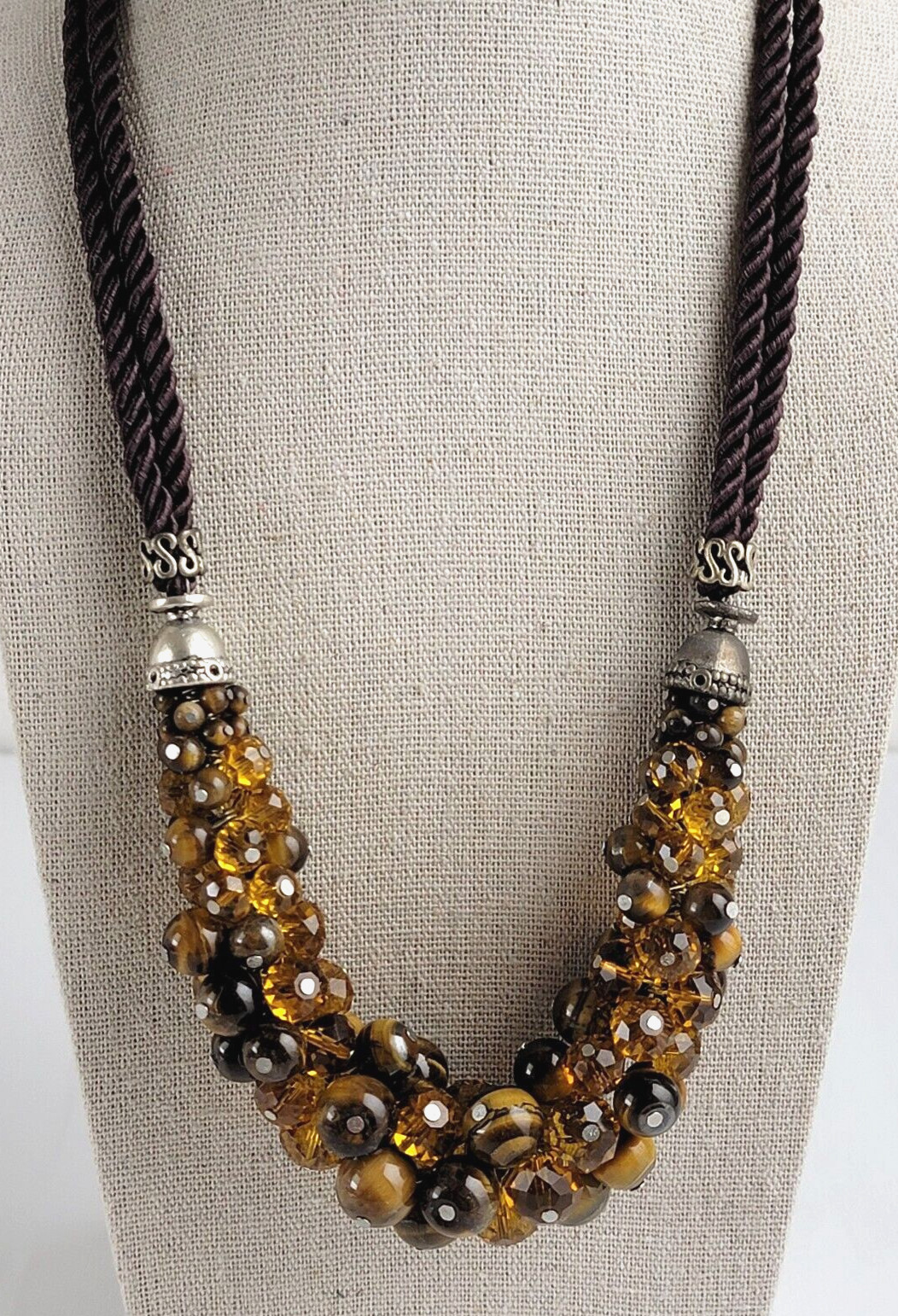 Orange/Brown Glass Tiger’s Eye Cluster Bead Cord Necklace Brown 23.5 In
