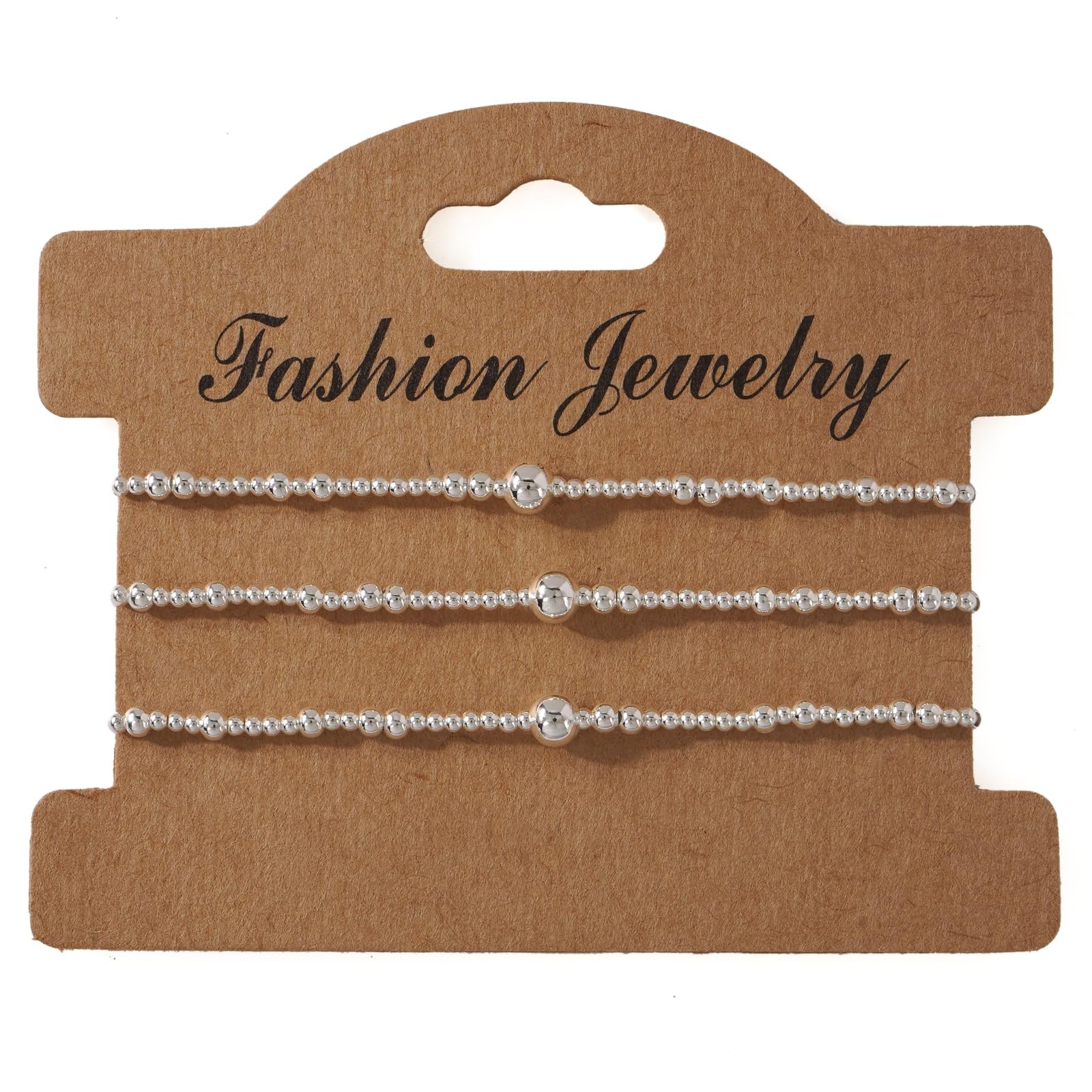 Silver Beaded Stretch Bracelet Set, 3PCS Stainless Steel Layered Jewelry for
