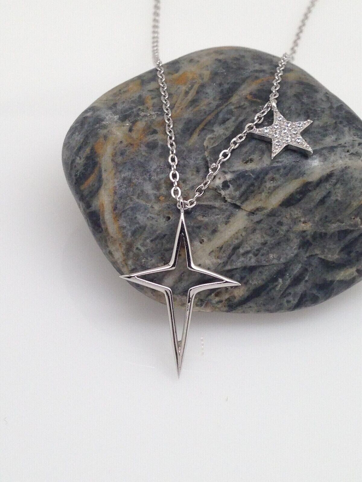 Star & North Star Pendant Necklace Sterling Silver 925 CZ Women 7mm/19mm(0.75″)