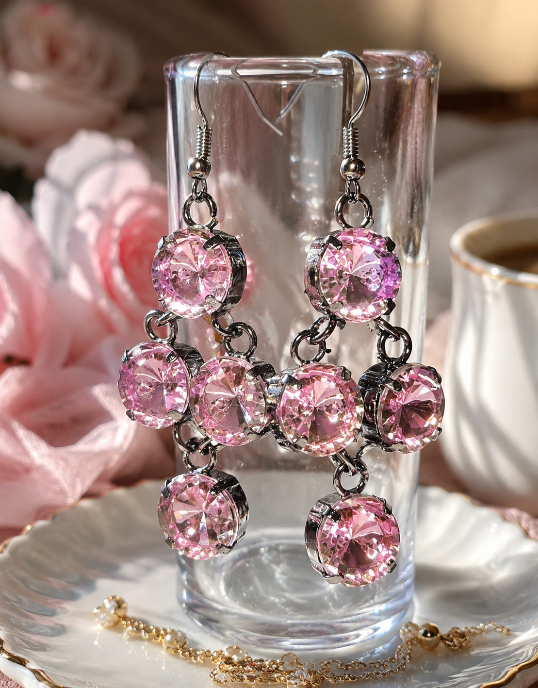 Dangle Earrings for Woman Chandelier Party Flashy Bling Pink 2″