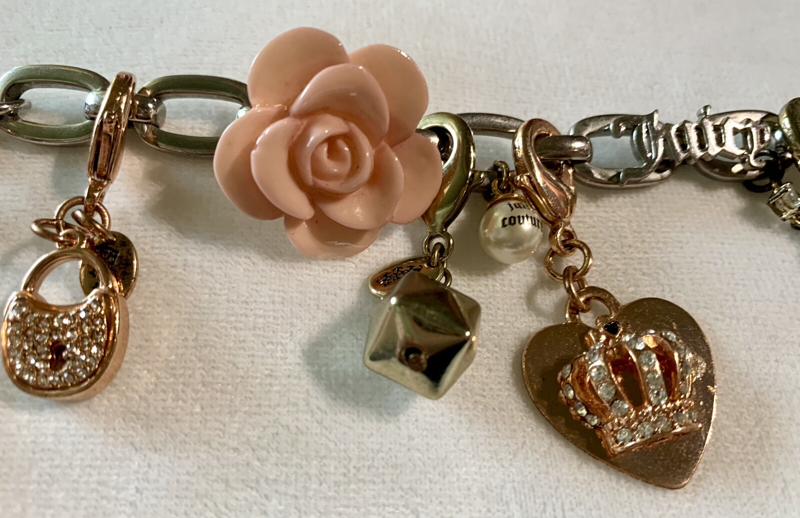Vintage Y2K Juicy Couture Bracelet With Mixed Heart Dog Lock Charms Box Silver