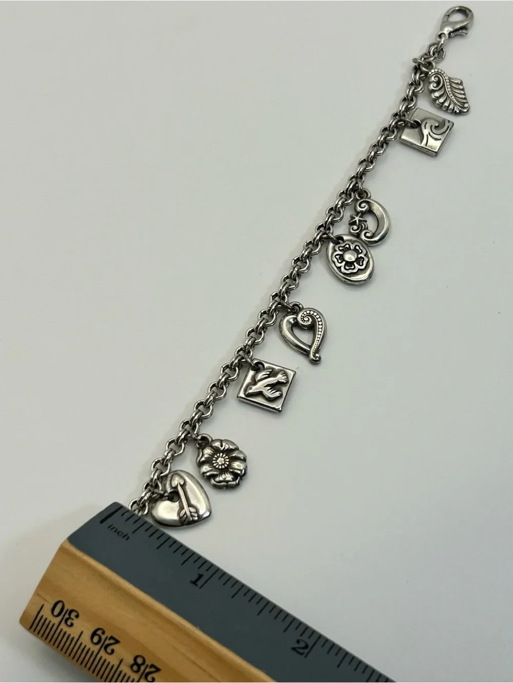 Silver-tone Heart & Charm Bracelet Classic 7.5″ Circle Link Chain Matte Finish