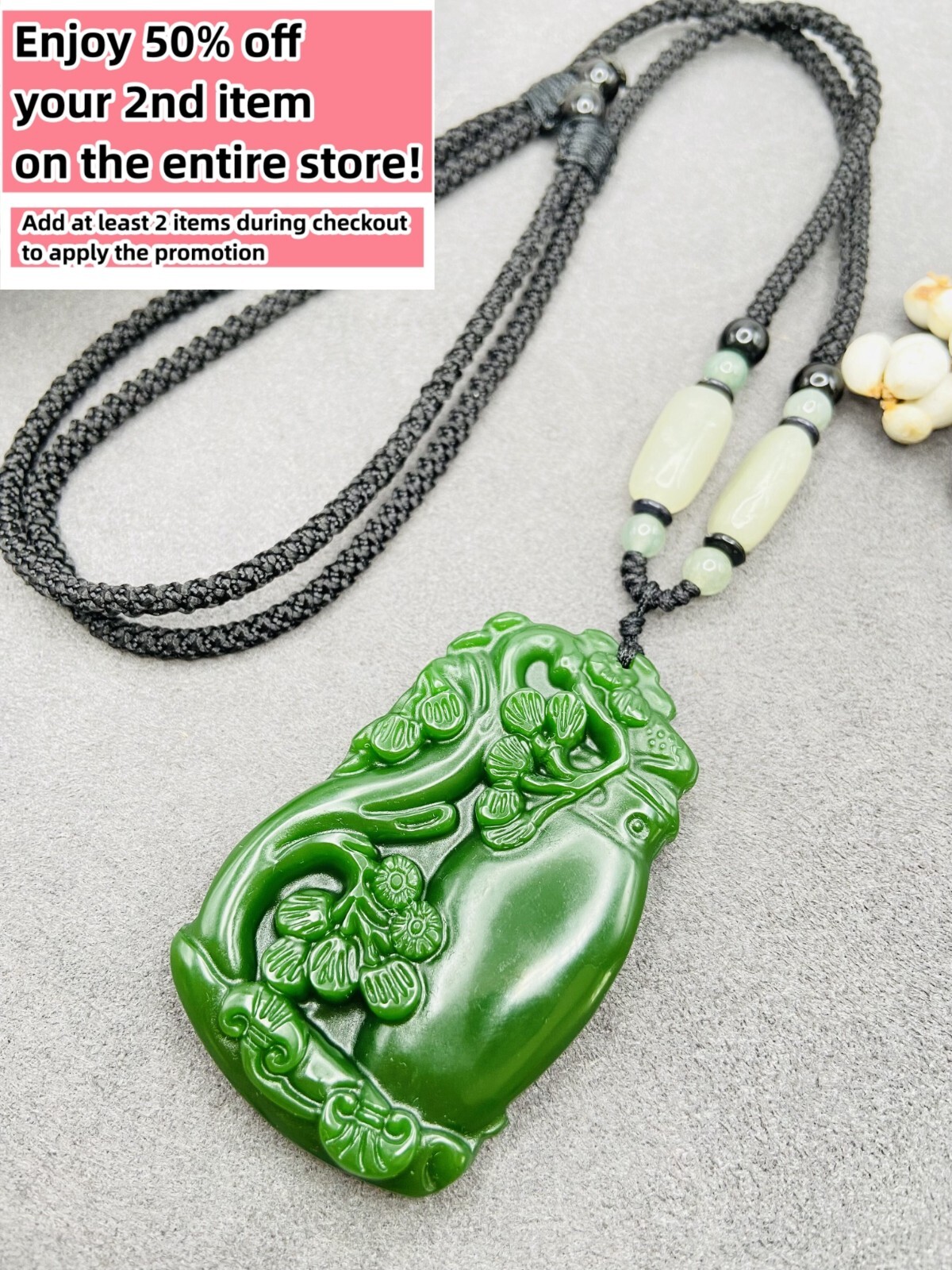 Jade Flower Tree Charm Pendant Necklace W/ Beads Cord Handmade Carved Gemstone
