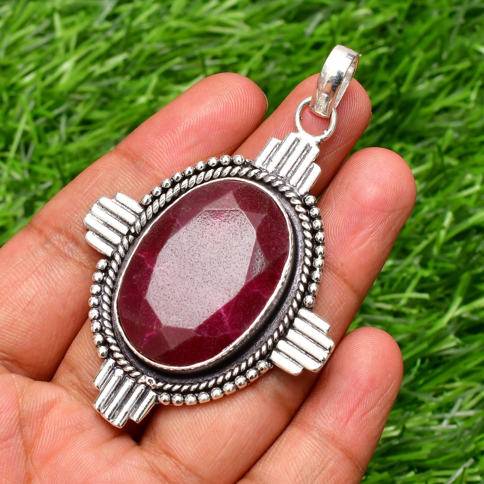 Ruby(Lab-Created) Gemstone 925 Sterling Silver Handmade Jewelry Pendant 2.10″