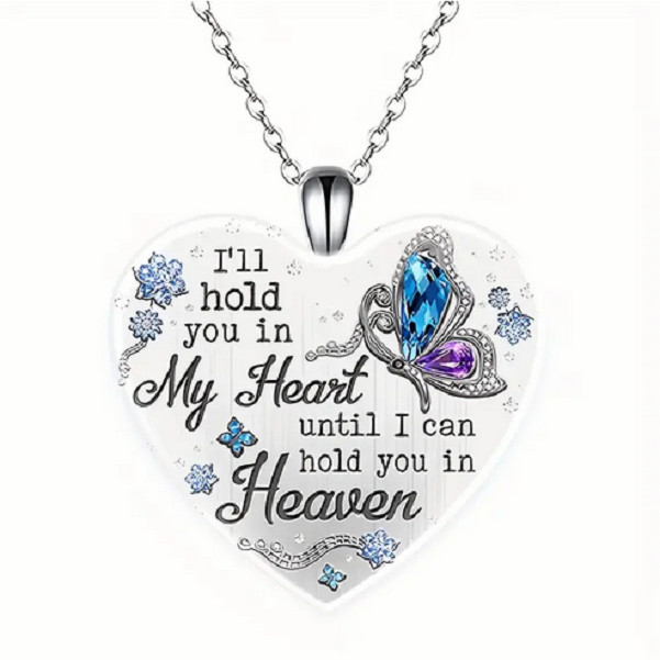 Large HOLD YOUR HEART HEAVEN MEMORIAL BUTTERFLY Charm 20″ 925 Silver Necklace
