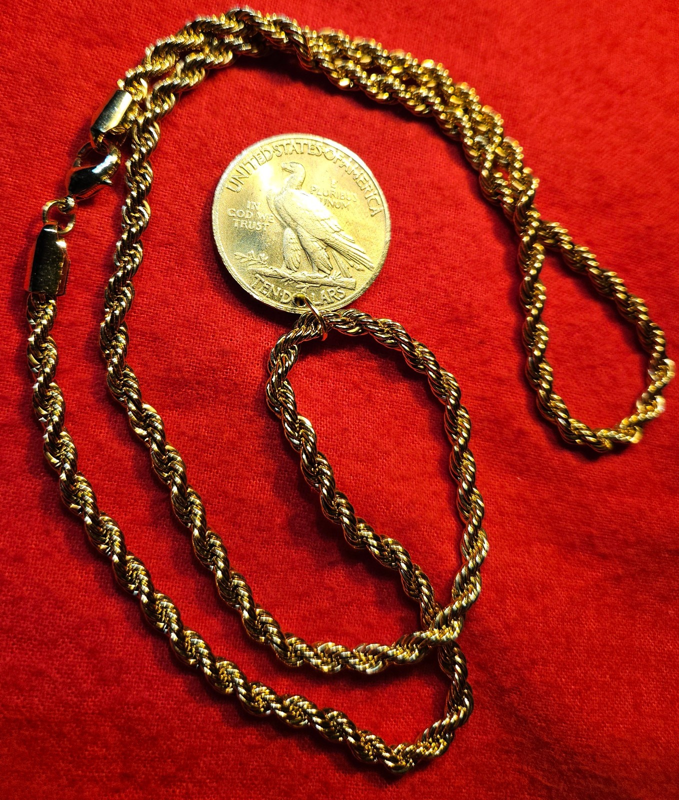 Indian Head $10 Eagle Plated Coin Pendant & Gold Filled Rope Necklace + Gift Box