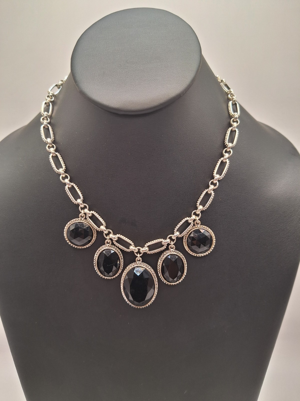 Silver Tone Necklace With Black Rhinestones 16″ Plus 2″ Extender