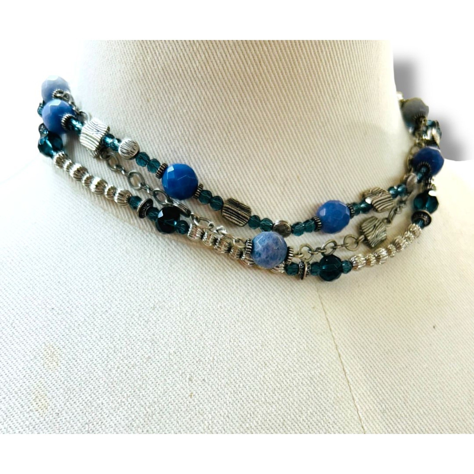 Premier Designs Multistrand Necklace Blue Silvertone Beaded 15.5-19″
