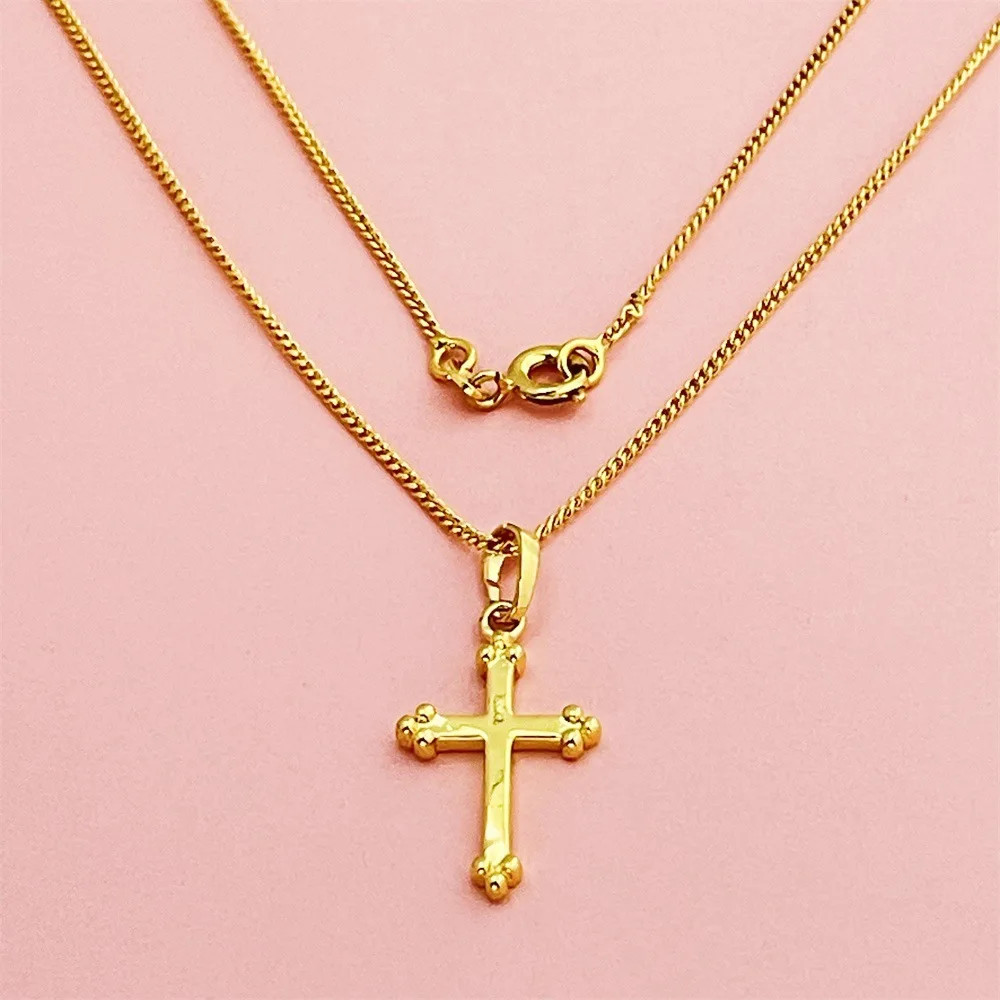 Women’s Delicate Cross Pendant Necklace,24K Gold, AU999 “Stability” engraving wi