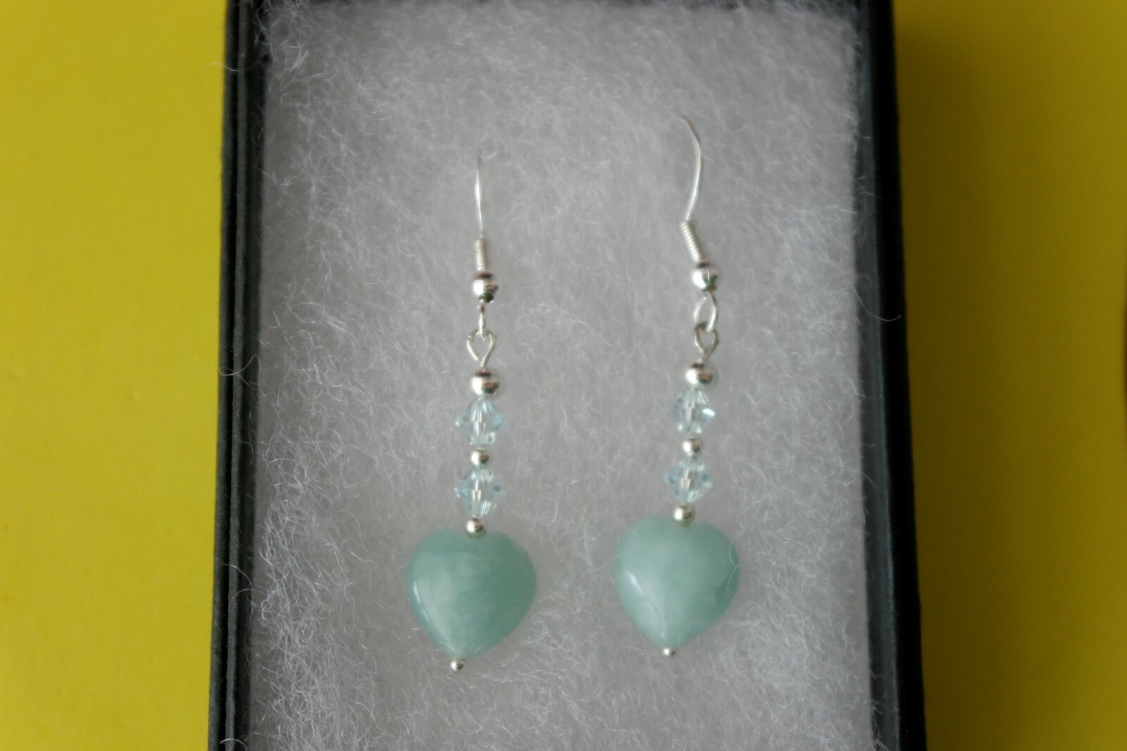 BEAUTIFUL EARRINGS WITH HEART OPALINE & CRYSTAL 3 CM LONG + HOOK