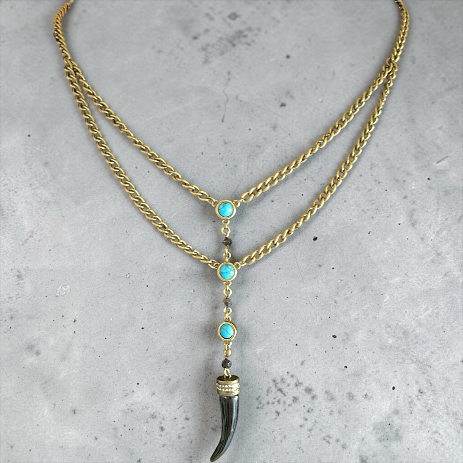 Cosmo New w Tags Black Italian Horn Pendant with Blue stones 18″