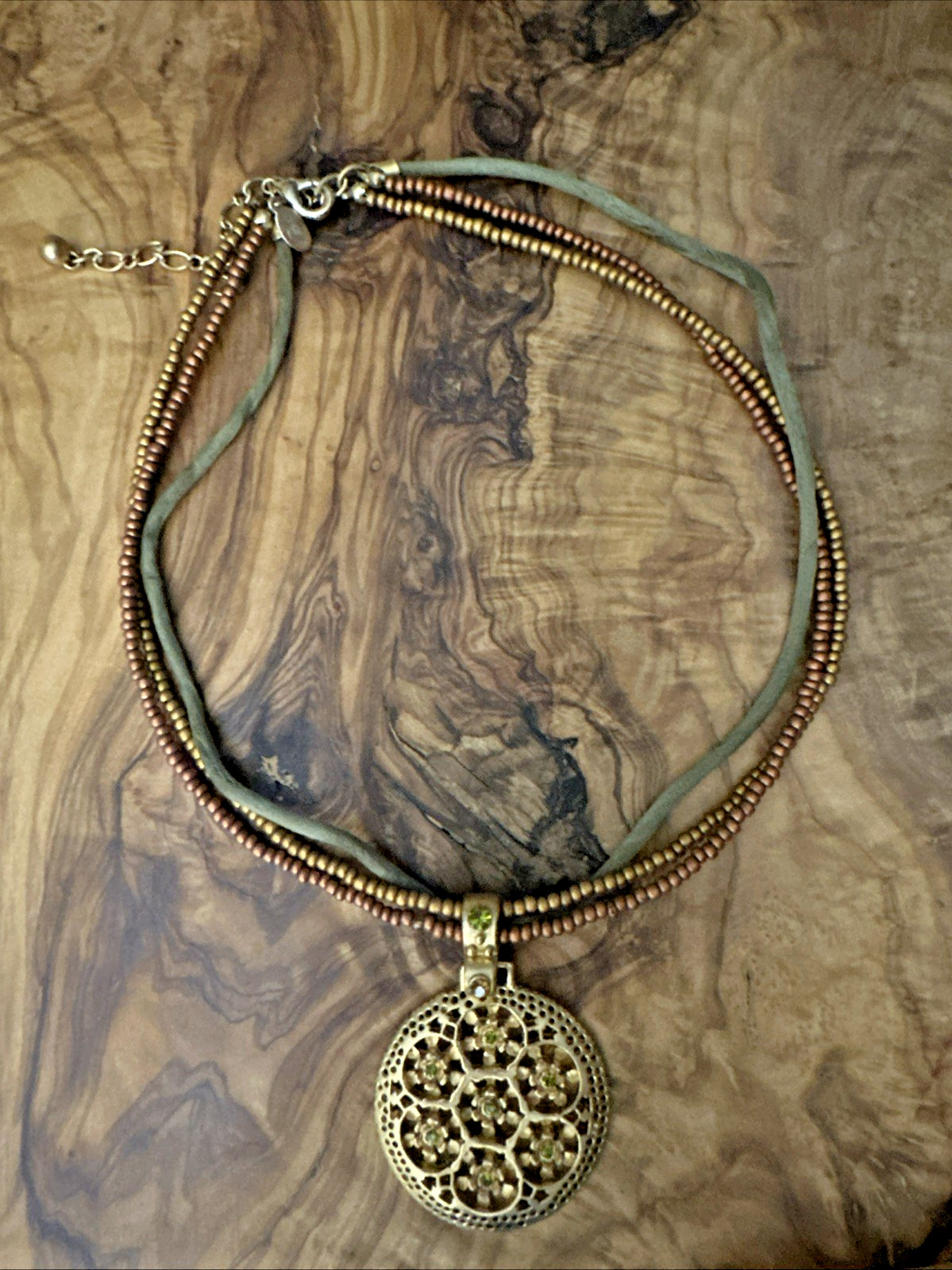 Premier Designs Necklace Triple Strand “Bamboo” Pendant Green Rhinestones