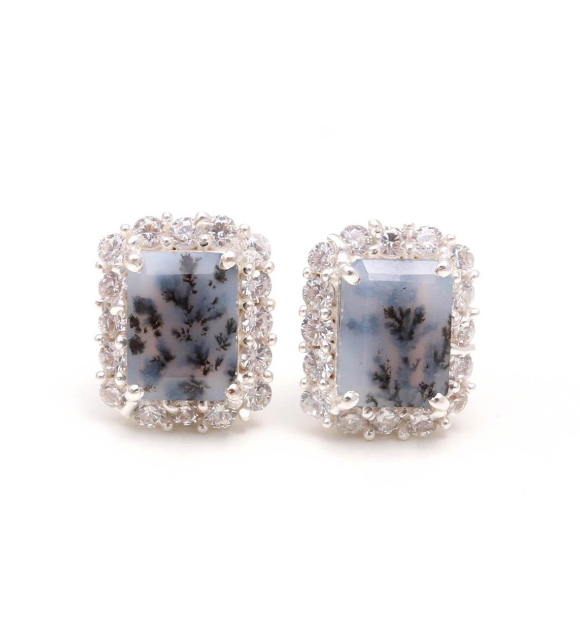 100% Natural Dendrite Opal Octagon Stud Earrings Solid Silver Moissanite Jewelry