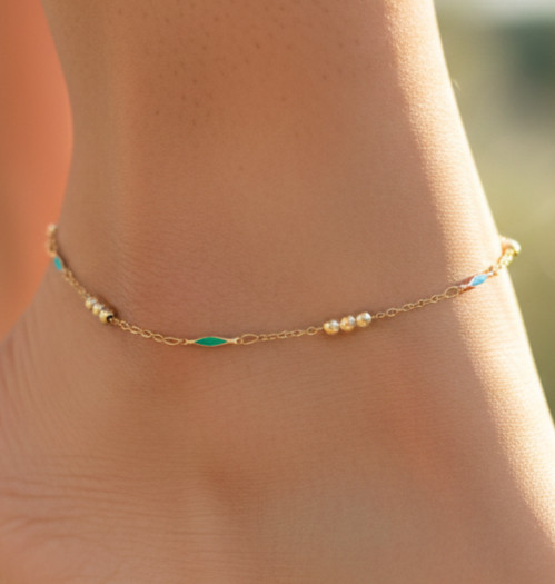 Gold Plated Enamel & Bead Chain Handmade Minimalist Chic Multi-Color Anklet