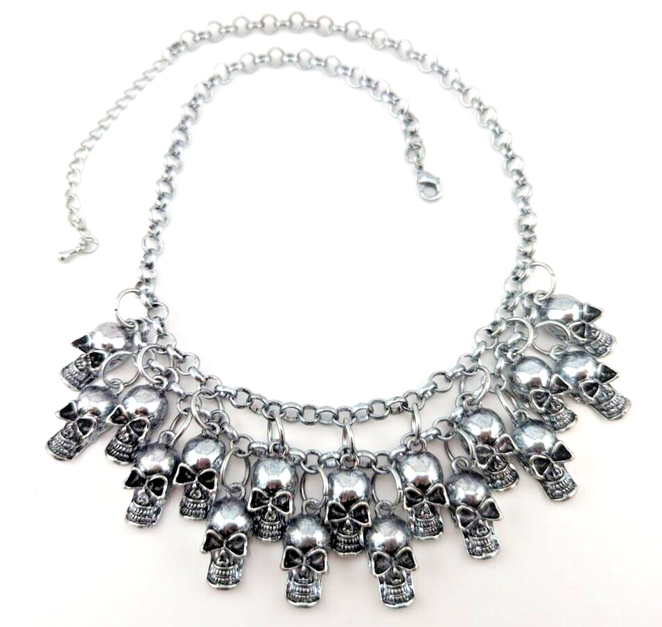 SKULL CHARMS BIB NECKLACE death metal chain grunge punk goth biker rock F2