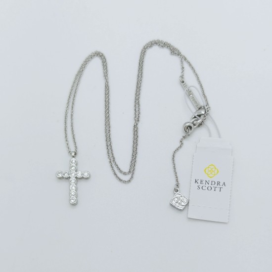 New Kendra Scott Cross Crystal Silver Pendant Necklace in White Cubic Zirconia